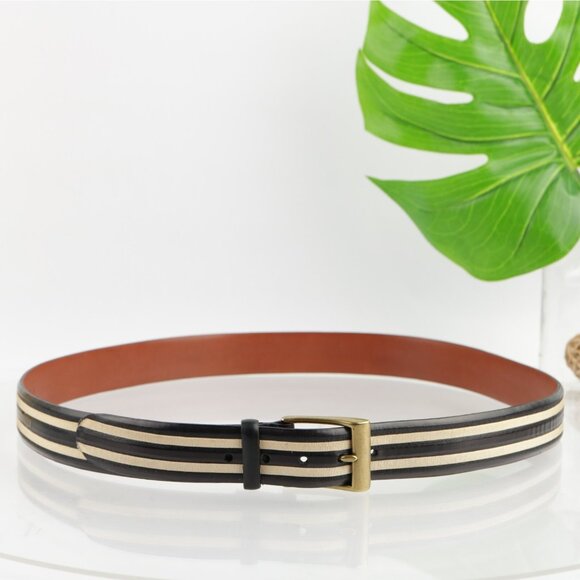 Torino USA Mens Belt Size 44 Black Leather Tan Inlay 1 1/2" Width Brass Buckle - Picture 1 of 16